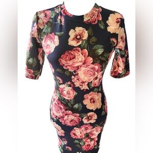 Floral Bodycon Dress Navy Pink Roses Half Sleeve Fitted Sheath Dress
